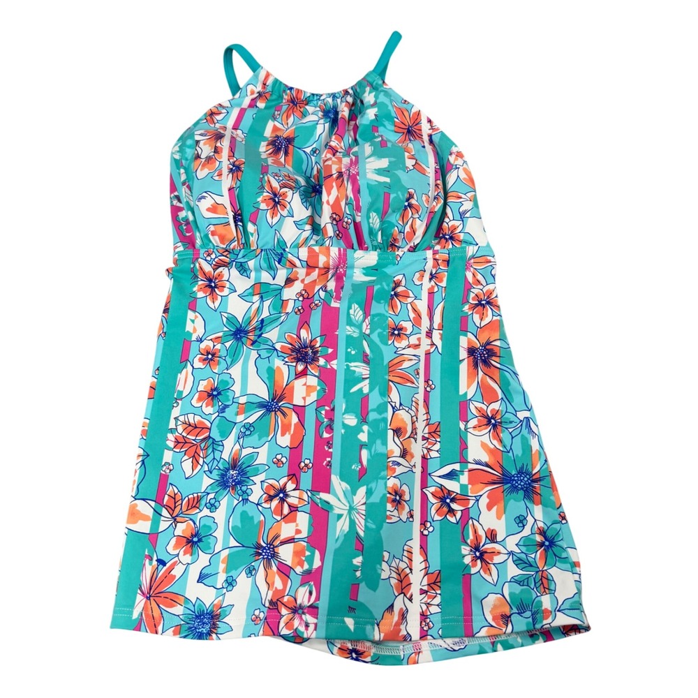 Lands End Womens Floral Striped Halter Tankini Swim Top Teal Pink Size 6